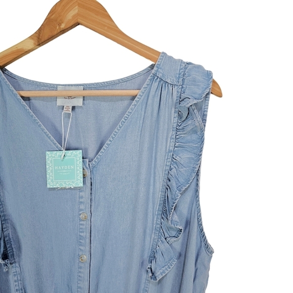 NWT Hayden Blue Tencel Buttoned Ruffle Tank Frayed Wide Leg Belted Jumpsuit - Picture 10 of 15